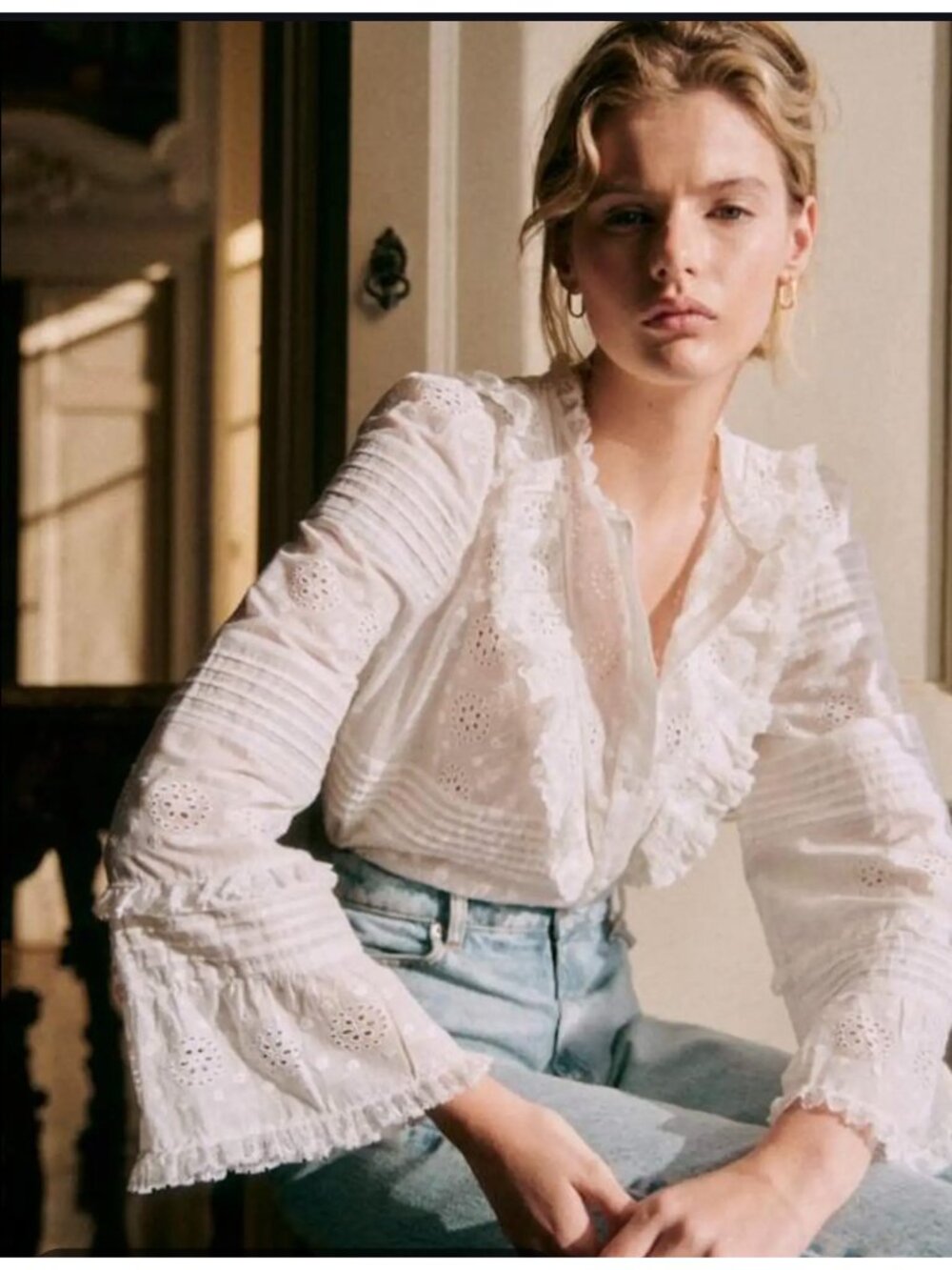 Sézane Nele Eyelet Embroidered Organic Cotton Blouse FR 46 NWOT Boho - Picture 9 of 15